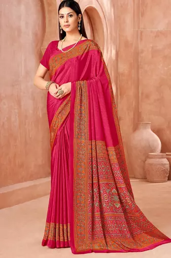 Rani pink traditional floral print silk crepe modern style saree with blouse