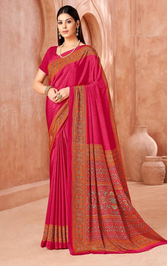 Rani pink traditional floral print silk crepe modern style saree with blouse