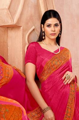 Rani pink traditional floral print silk crepe modern style saree with blouse 2
