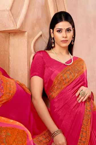 Rani pink traditional floral print silk crepe modern style saree with blouse