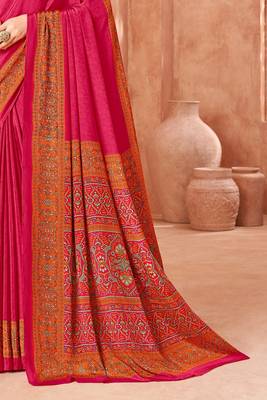 Rani pink traditional floral print silk crepe modern style saree with blouse 3