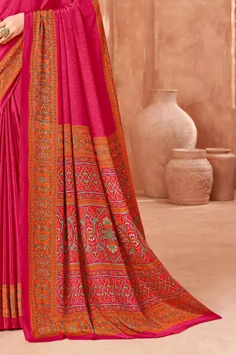 Rani pink traditional floral print silk crepe modern style saree with blouse
