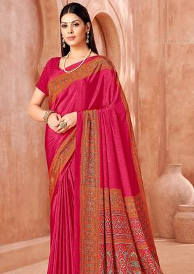 Rani pink traditional floral print silk crepe modern style saree with blouse 4