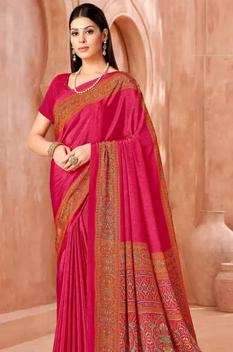 Rani pink traditional floral print silk crepe modern style saree with blouse