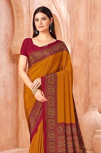 Mustard traditional floral print silk crepe modern style saree with blouse