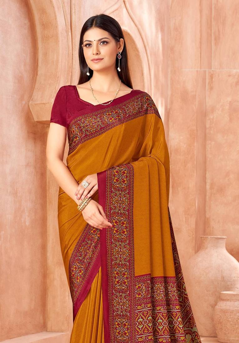 Mustard traditional floral print silk crepe modern style saree with blouse
