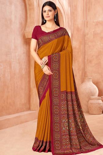 Mustard traditional floral print silk crepe modern style saree with blouse