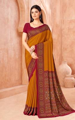 Mustard traditional floral print silk crepe modern style saree with blouse 2