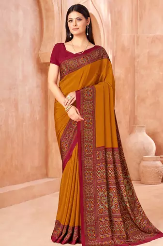 Mustard traditional floral print silk crepe modern style saree with blouse