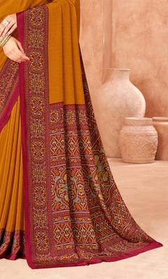 Mustard traditional floral print silk crepe modern style saree with blouse 3