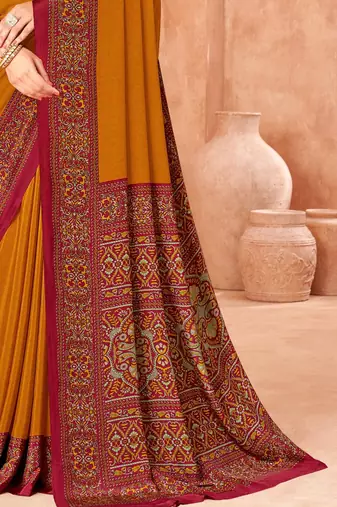 Mustard traditional floral print silk crepe modern style saree with blouse