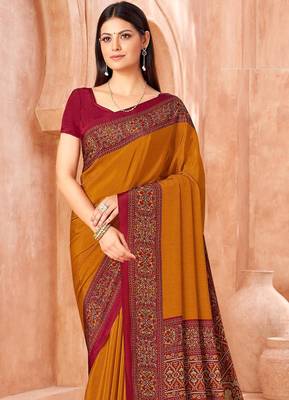 Mustard traditional floral print silk crepe modern style saree with blouse 4