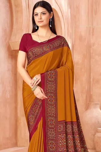 Mustard traditional floral print silk crepe modern style saree with blouse