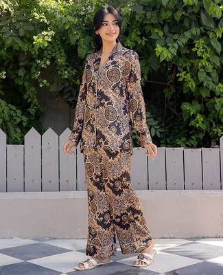 Black printed satin pant shirt 1