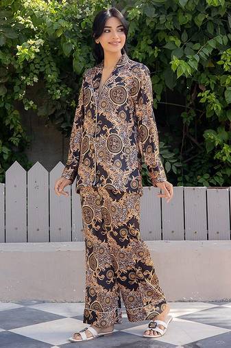 Black printed satin pant shirt