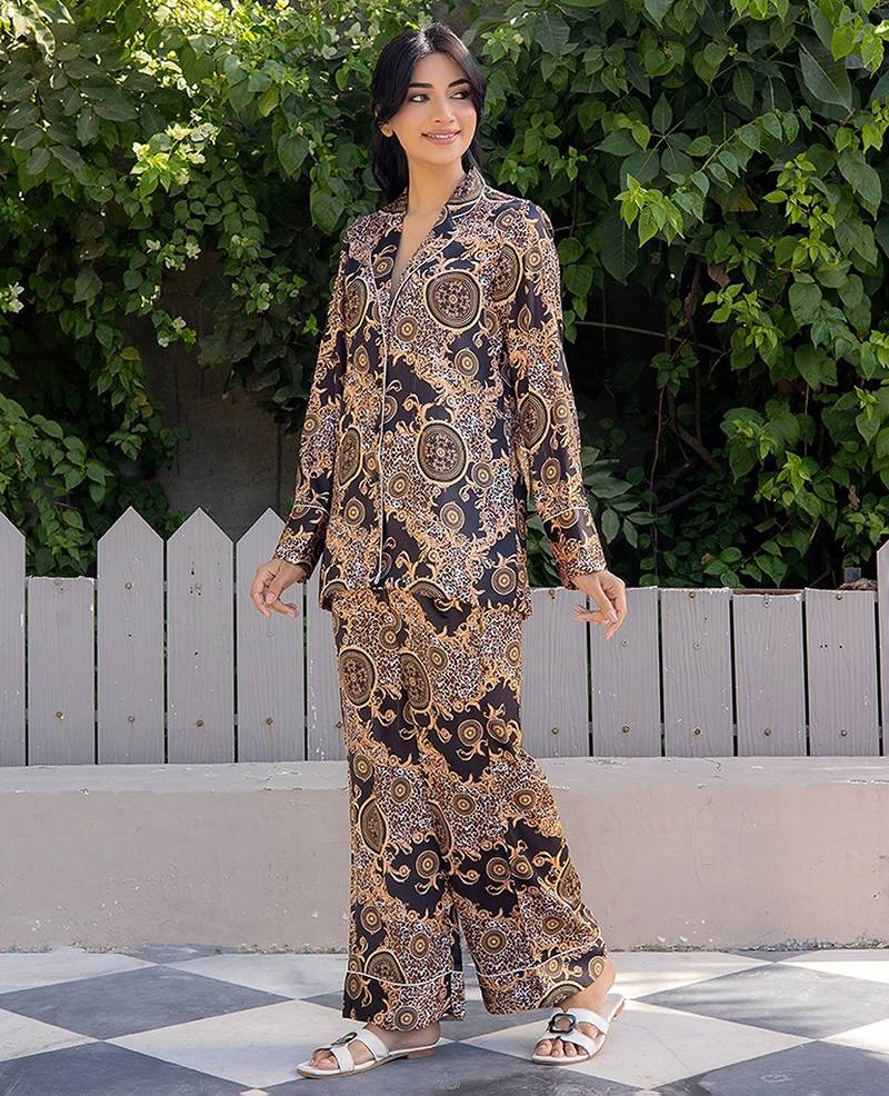 Black printed satin pant shirt