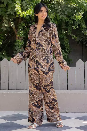 Black printed satin pant shirt