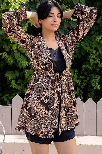 Black printed satin top shorts shrug