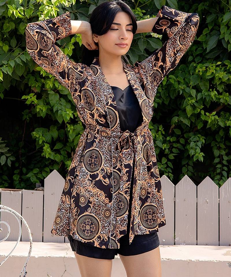 Black printed satin top shorts shrug