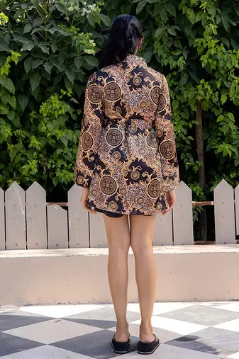 Black printed satin top shorts shrug