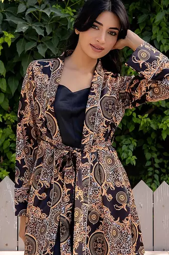 Black printed satin top shorts shrug