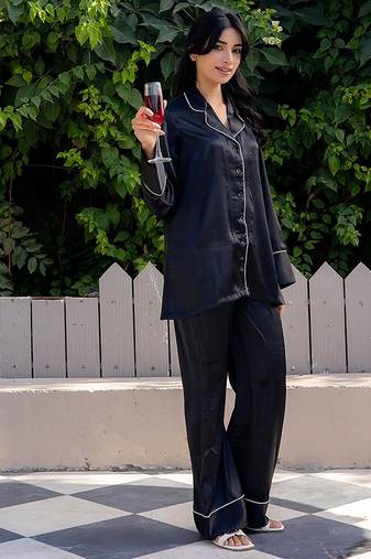 Black plain satin pant shirt