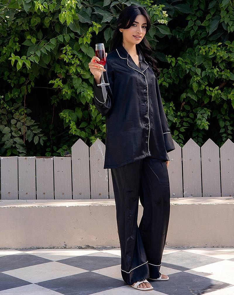 Black plain satin pant shirt