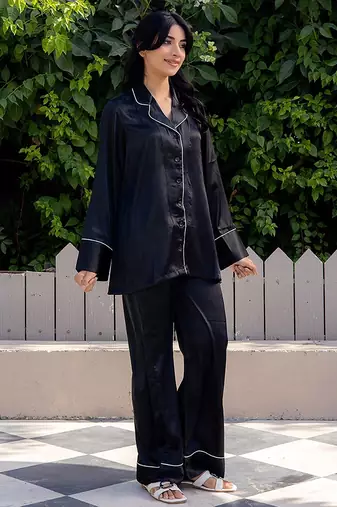 Black plain satin pant shirt