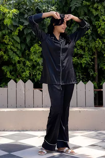 Black plain satin pant shirt