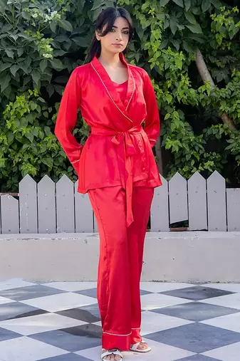Red plain satin top pant shrug