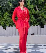 Red plain satin top pant shrug