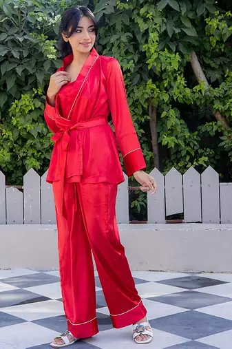 Red plain satin top pant shrug