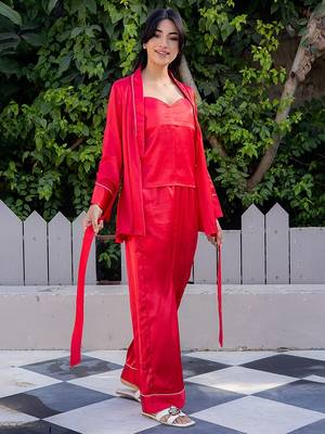 Red plain satin top pant shrug 3