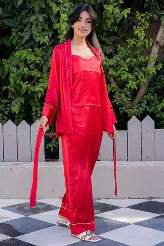 Red plain satin top pant shrug