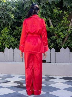 Red plain satin top pant shrug 4