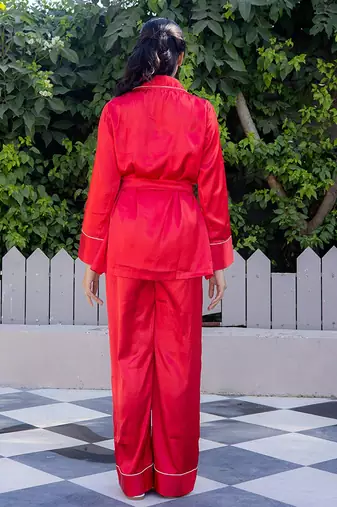 Red plain satin top pant shrug