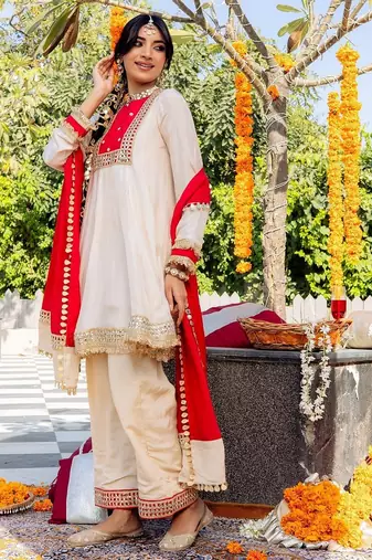 Beige pure silk plain top pant with dupatta