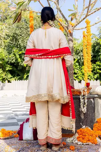 Beige pure silk plain top pant with dupatta