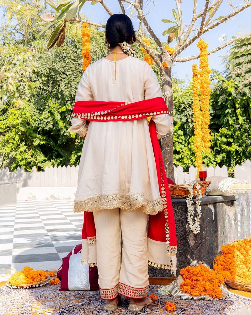 Beige pure silk plain top pant with dupatta