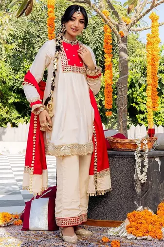 Beige pure silk plain top pant with dupatta