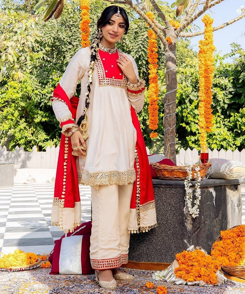 Beige pure silk plain top pant with dupatta