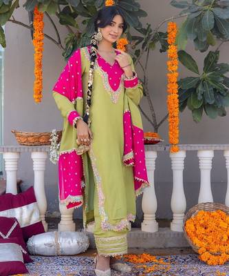 Olive pure silk plain top pant with dupatta 1