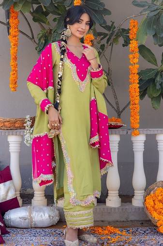 Olive pure silk plain top pant with dupatta