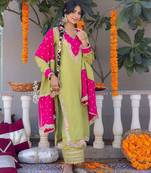 Olive pure silk plain top pant with dupatta