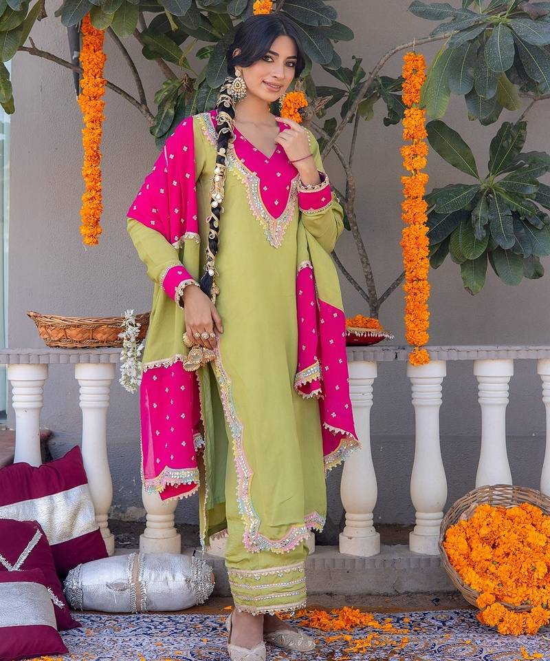 Olive pure silk plain top pant with dupatta