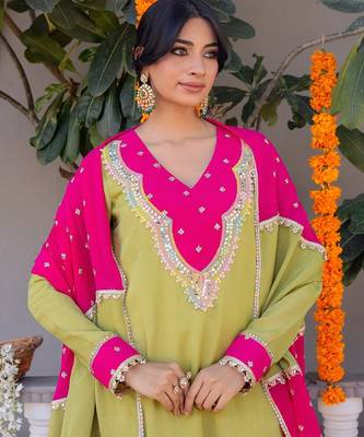 Olive pure silk plain top pant with dupatta 2