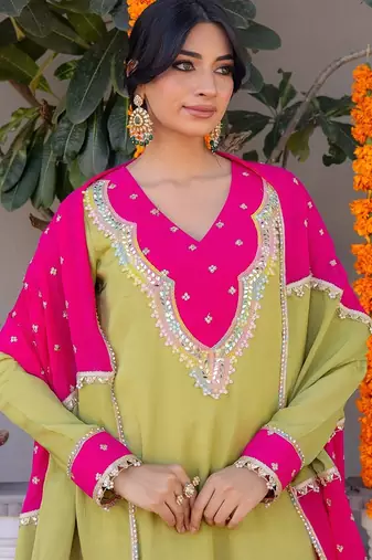 Olive pure silk plain top pant with dupatta