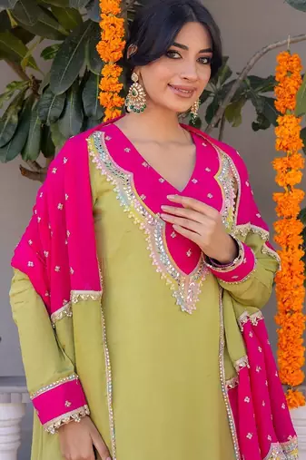 Olive pure silk plain top pant with dupatta