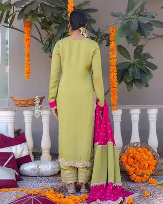 Olive pure silk plain top pant with dupatta 4