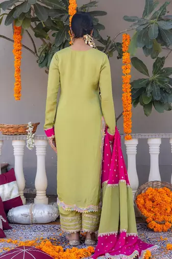 Olive pure silk plain top pant with dupatta